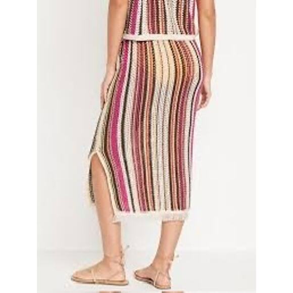 Old Navy Knit Open Stitch Midi Skirt Striped Pink Brown White Womens Size Medium - Picture 3 of 7